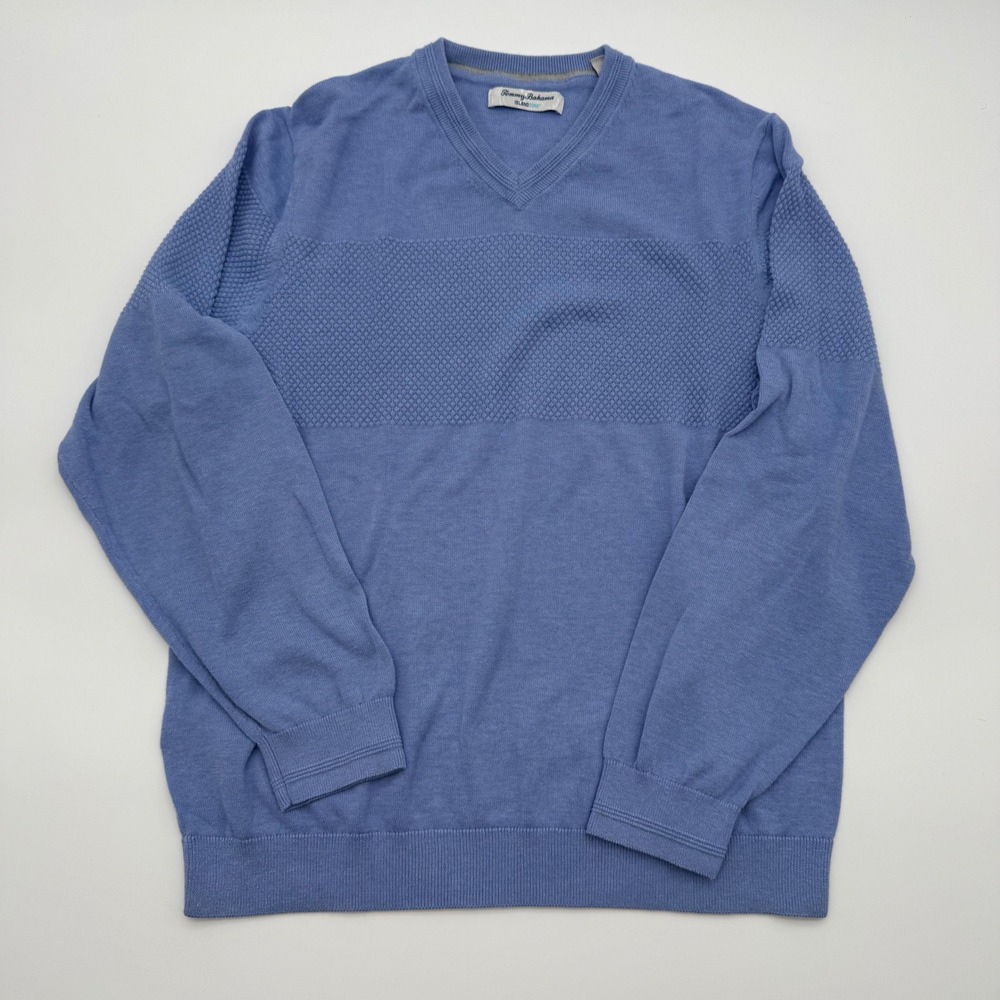 Tommy Bahama IslandZone Blue V-Neck‎ Textured Cotton Blend Sweater Large